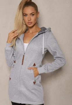 Szara Bluza Długa z Kapturem Ozdobionym Napisami Sinellina