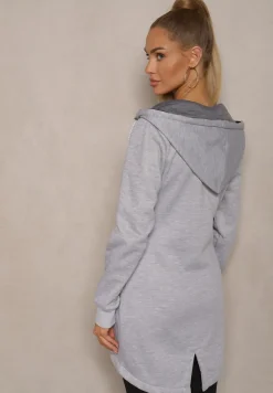 Szara Bluza Długa z Kapturem Ozdobionym Napisami Sinellina