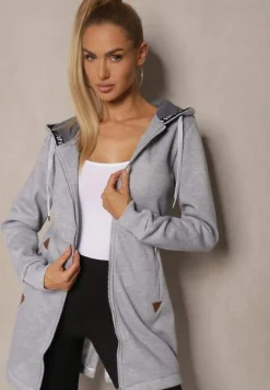 Szara Bluza Długa z Kapturem Ozdobionym Napisami Sinellina