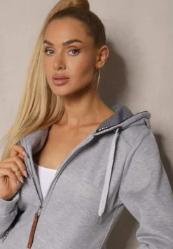 Szara Bluza Długa z Kapturem Ozdobionym Napisami Sinellina