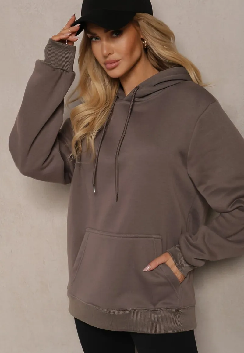 Szara Bluza Kangurka z Kapturem i Szeroką Kieszenią Vaminita