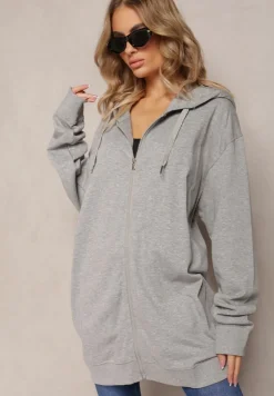 Szara Bluza Oversize z Kapturem i Zapięciem na Suwak Bilende