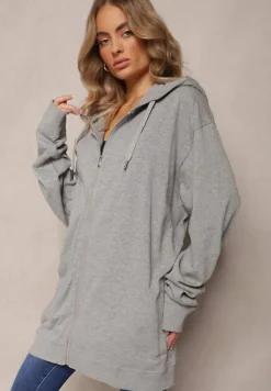 Szara Bluza Oversize z Kapturem i Zapięciem na Suwak Bilende