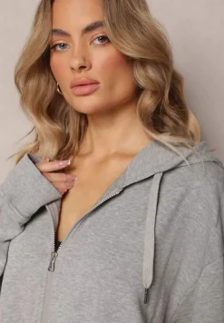Szara Bluza Oversize z Kapturem i Zapięciem na Suwak Bilende