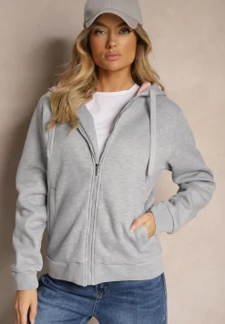 Szara Bluza Rozpinana z Dodatkiem Bawełny Ozdobiona Kontrastowym Kapturem Arstoia