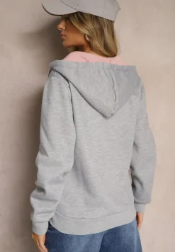 Szara Bluza Rozpinana z Dodatkiem Bawełny Ozdobiona Kontrastowym Kapturem Arstoia