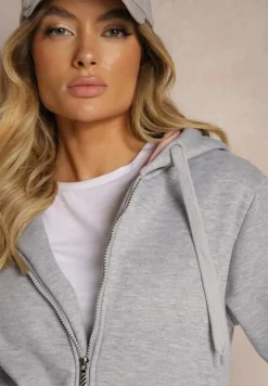 Szara Bluza Rozpinana z Dodatkiem Bawełny Ozdobiona Kontrastowym Kapturem Arstoia