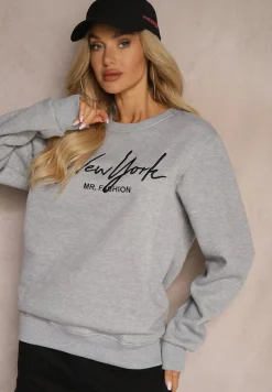 Szara Bluza z Bawełną i Polarem Ozdobiona Haftowanym Napisem Radela