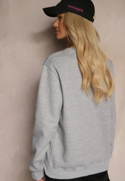 Szara Bluza z Bawełną i Polarem Ozdobiona Haftowanym Napisem Radela