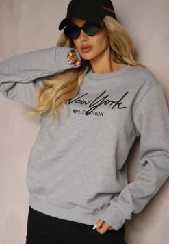 Szara Bluza z Bawełną i Polarem Ozdobiona Haftowanym Napisem Radela