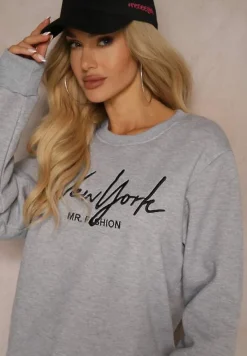 Szara Bluza z Bawełną i Polarem Ozdobiona Haftowanym Napisem Radela