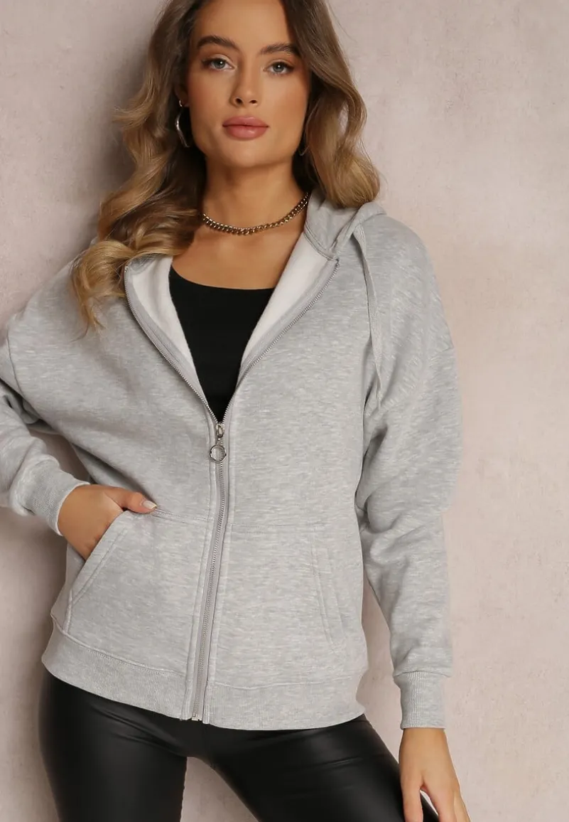 Szara Bluza z Kapturem i Suwakiem Oversize Des