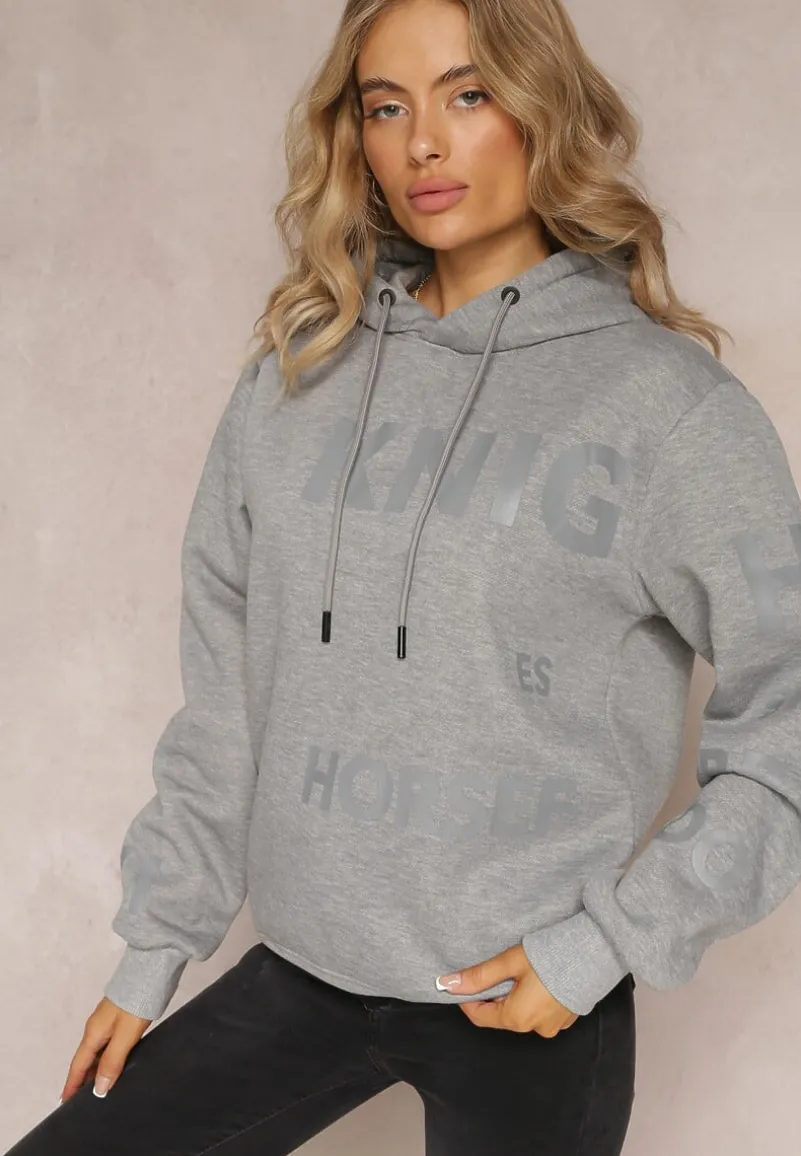 Szara Bluza z Kapturem i Ozdobnym Nadrukiem Lecu