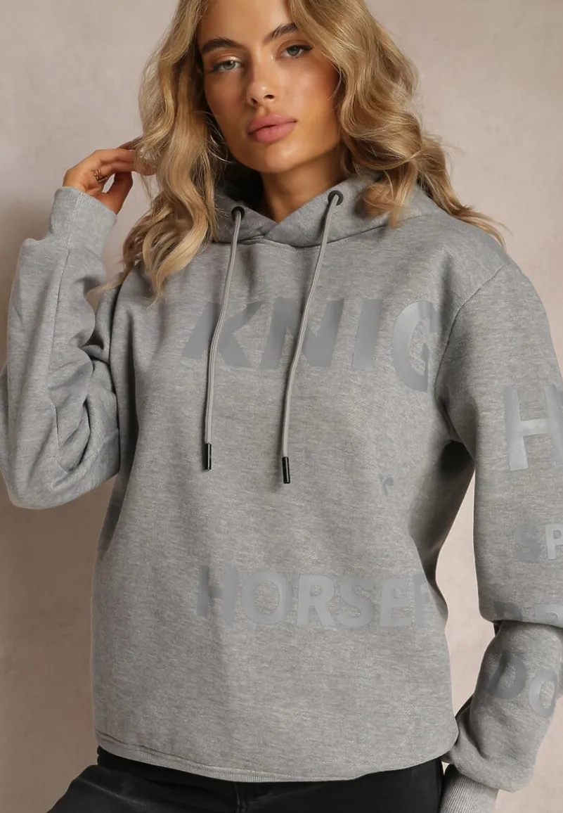 Szara Bluza z Kapturem i Ozdobnym Nadrukiem Lecu