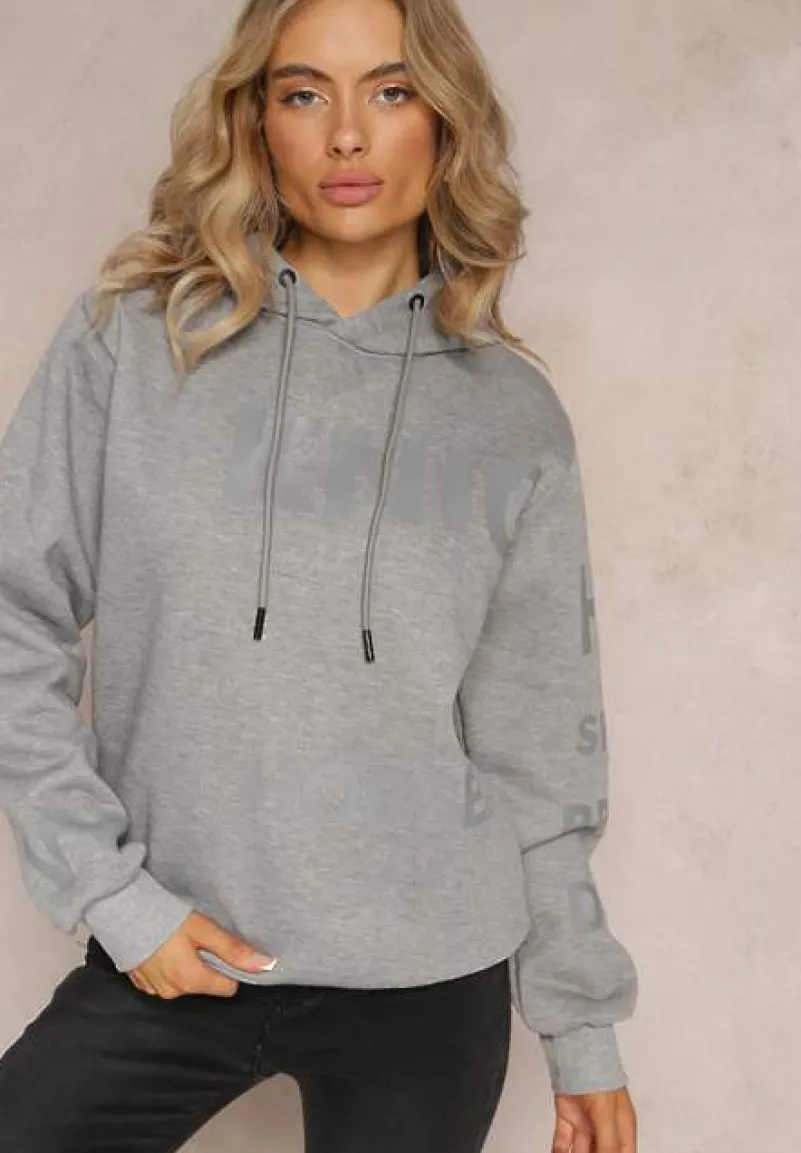 Szara Bluza z Kapturem i Ozdobnym Nadrukiem Lecu