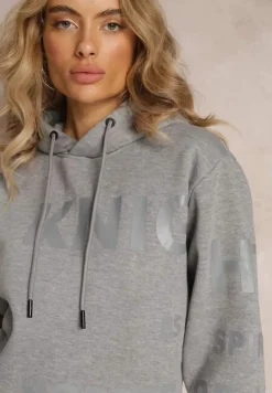 Szara Bluza z Kapturem i Ozdobnym Nadrukiem Lecu