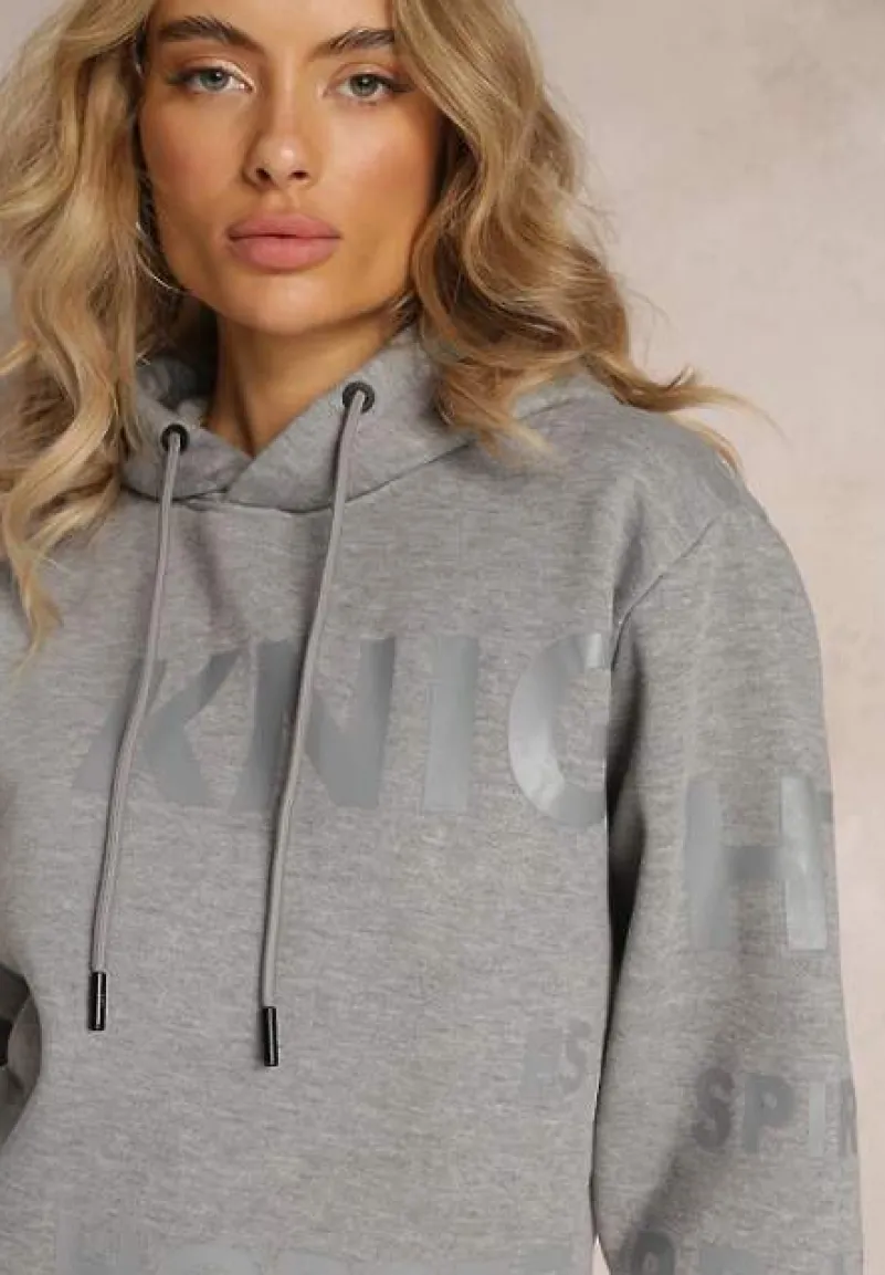 Szara Bluza z Kapturem i Ozdobnym Nadrukiem Lecu