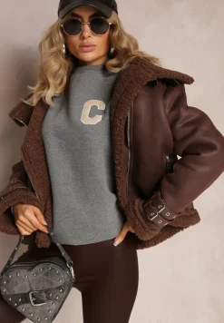 Szara Bluza z Naszywką o Fasonie Zakładanym Przez Głowę Esemia