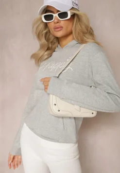 Szara Bluza z Ozdobnym Napisem i Kapturem Arseia