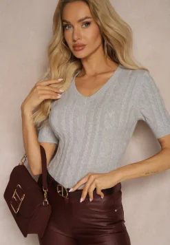 Szara Bluzka z Dodatkiem Wiskozy i Bawełny z Tłoczonym Wzorem Merelisa