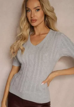 Szara Bluzka z Dodatkiem Wiskozy i Bawełny z Tłoczonym Wzorem Merelisa