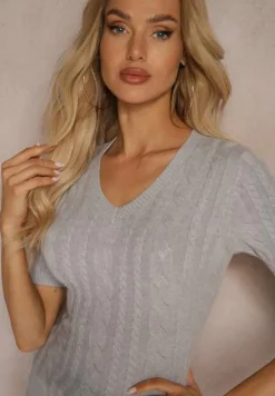 Szara Bluzka z Dodatkiem Wiskozy i Bawełny z Tłoczonym Wzorem Merelisa