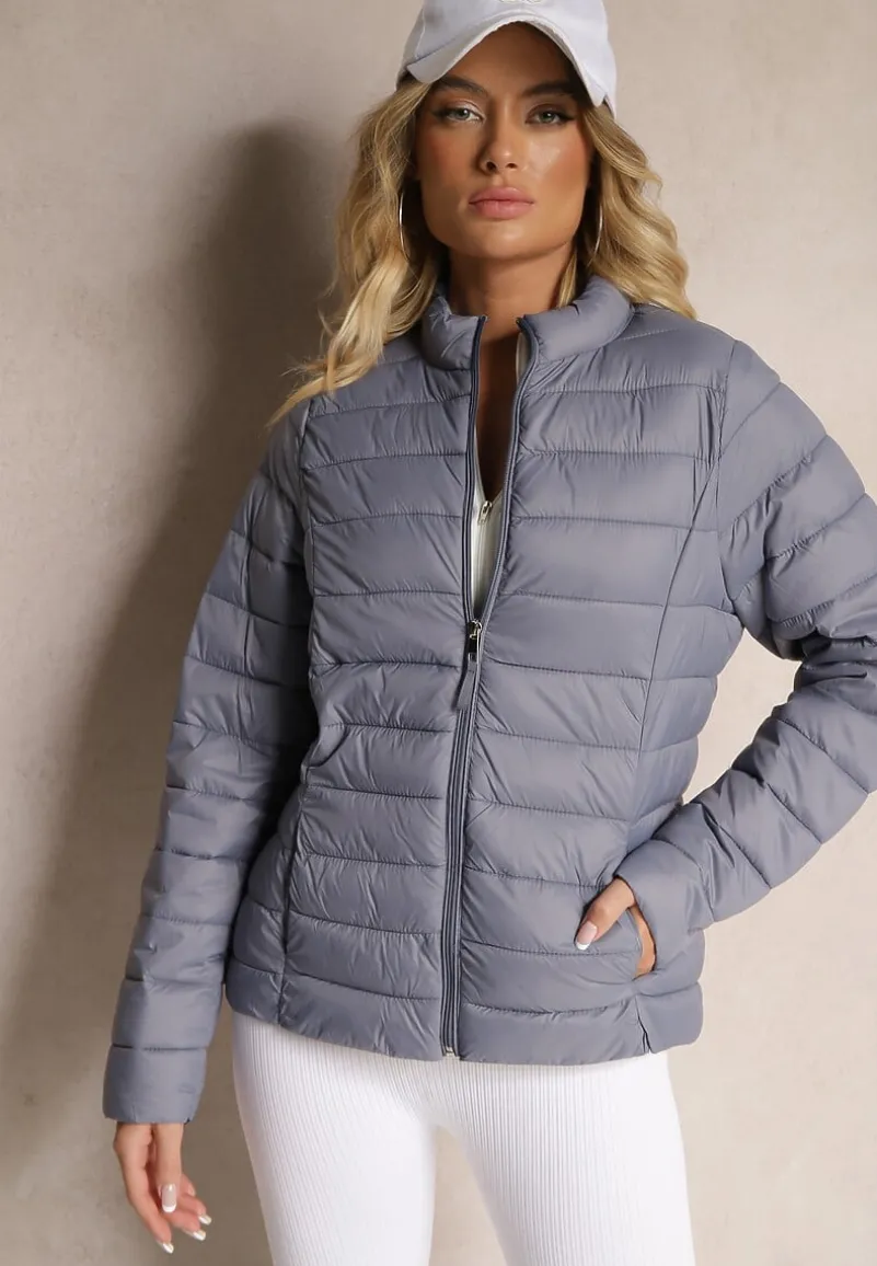 Szara Casualowa Kurtka Ozdobiona Pikowaniem Nelionea