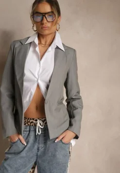 Szara Casualowa Marynarka Jednorzędowa z Wiskozą i Usztywnioną Linią Ramion Lobel