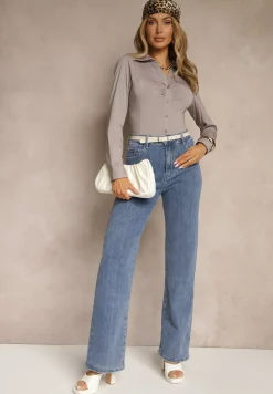 Szara Dopasowana Koszula Zdobiona Marszczeniem przy Dekolcie Jenithiela