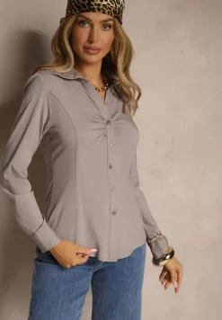 Szara Dopasowana Koszula Zdobiona Marszczeniem przy Dekolcie Jenithiela