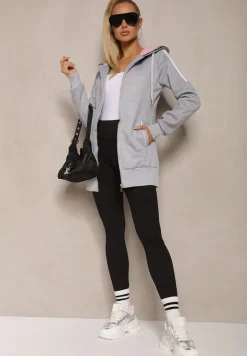 Szara Długa Bluza z Kapturem Linithra