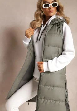 Szara Długa Kamizelka Pikowana z Nieodpinanym Kapturem Faelissa