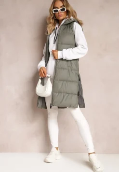 Szara Długa Kamizelka Pikowana z Nieodpinanym Kapturem Faelissa