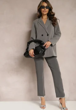 Szara Dwurzędowa Marynarka na Guziki z Poduszkami w Ramionach Elennia