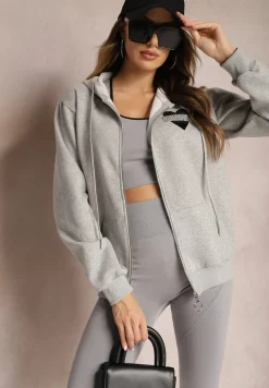 Szara Dzianinowa Bluza na Suwak z Kapturem Heliozze