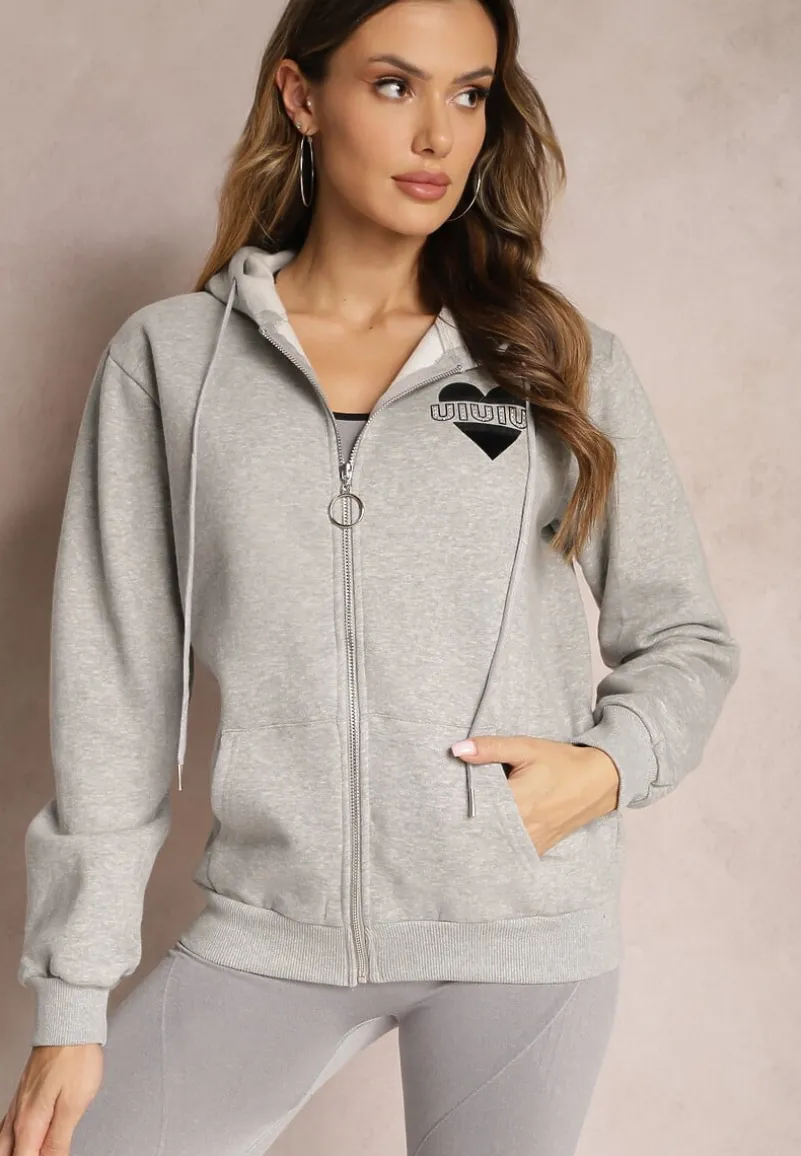 Szara Dzianinowa Bluza na Suwak z Kapturem Heliozze