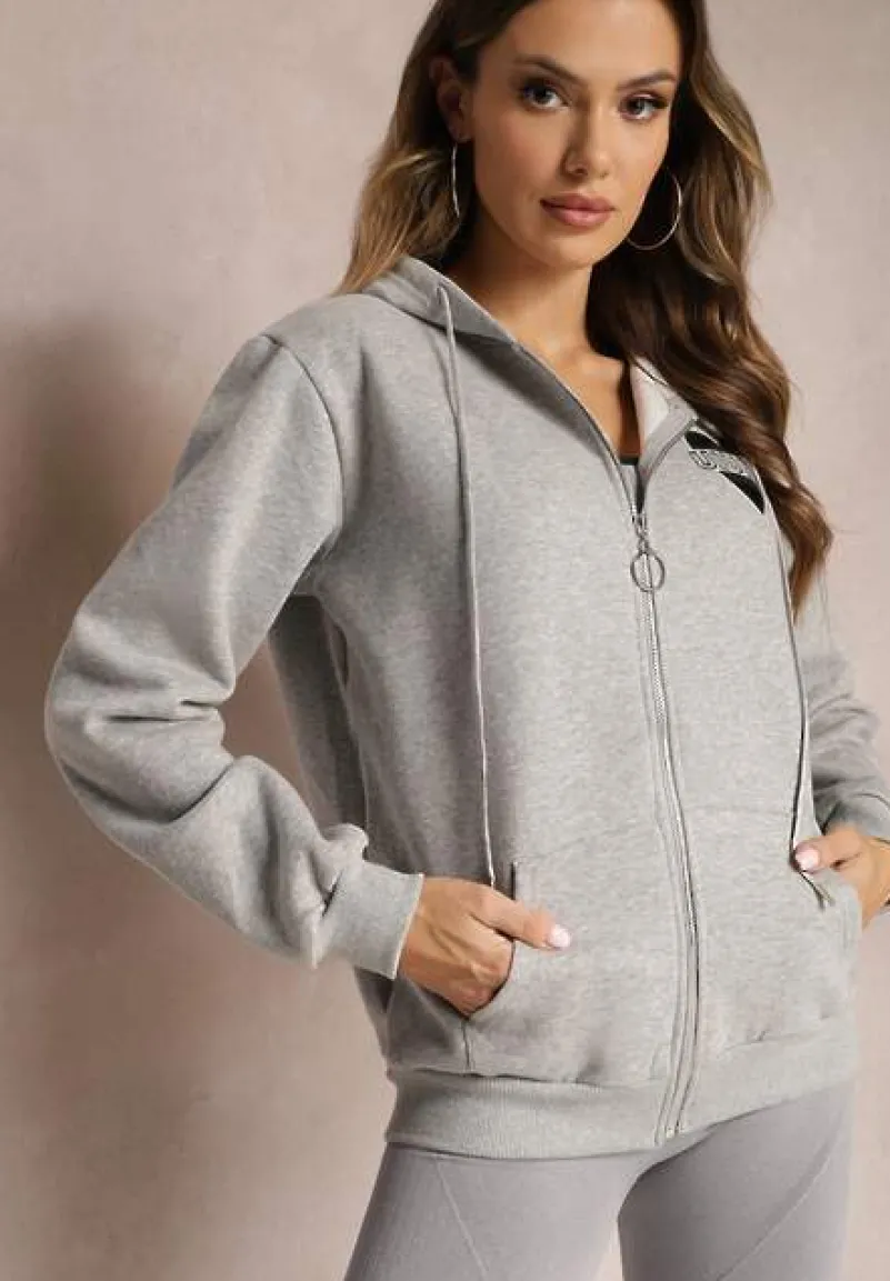 Szara Dzianinowa Bluza na Suwak z Kapturem Heliozze