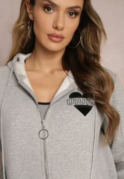 Szara Dzianinowa Bluza na Suwak z Kapturem Heliozze