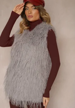 Szara Futerkowa Kamizelka o Prostym Kroju z Kieszeniami Venialith