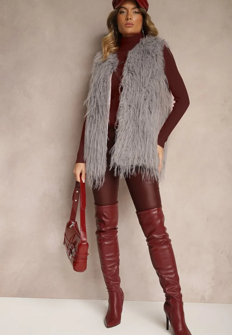 Szara Futerkowa Kamizelka o Prostym Kroju z Kieszeniami Venialith