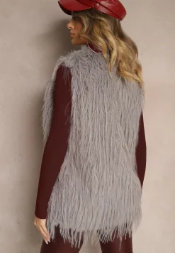 Szara Futerkowa Kamizelka o Prostym Kroju z Kieszeniami Venialith