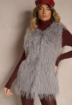 Szara Futerkowa Kamizelka o Prostym Kroju z Kieszeniami Venialith