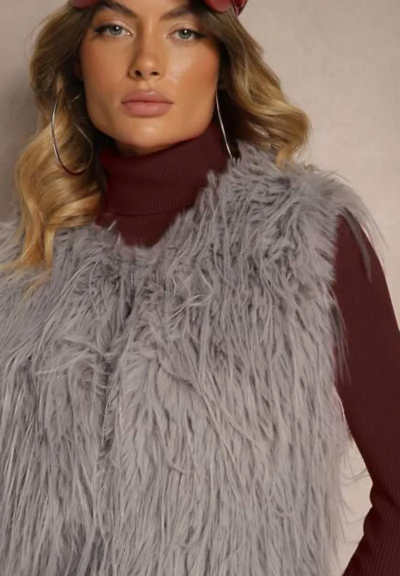 Szara Futerkowa Kamizelka o Prostym Kroju z Kieszeniami Venialith