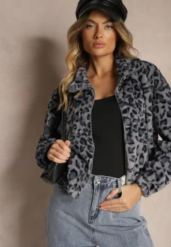 Szara Futerkowa Kurtka w Panterkowy Print o Klasycznym Kroju ze Stójką i Kieszeniami Belabine