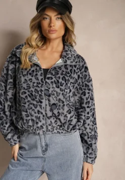Szara Futerkowa Kurtka w Panterkowy Print o Klasycznym Kroju ze Stójką i Kieszeniami Belabine