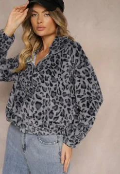 Szara Futerkowa Kurtka w Panterkowy Print o Klasycznym Kroju ze Stójką i Kieszeniami Belabine