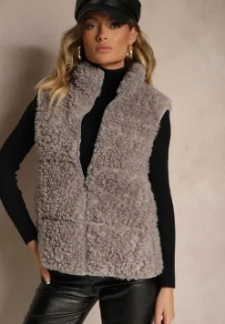 Szara Futrzana Kamizelka o Fakturze Typu Baranek ze Stójką o Prostym Kroju Realirae