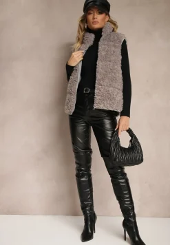 Szara Futrzana Kamizelka o Fakturze Typu Baranek ze Stójką o Prostym Kroju Realirae