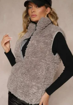 Szara Futrzana Kamizelka o Fakturze Typu Baranek ze Stójką o Prostym Kroju Realirae