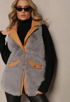 Szara Futrzana Kamizelka ze Wstawkami z Imitacji Skóry Plinia